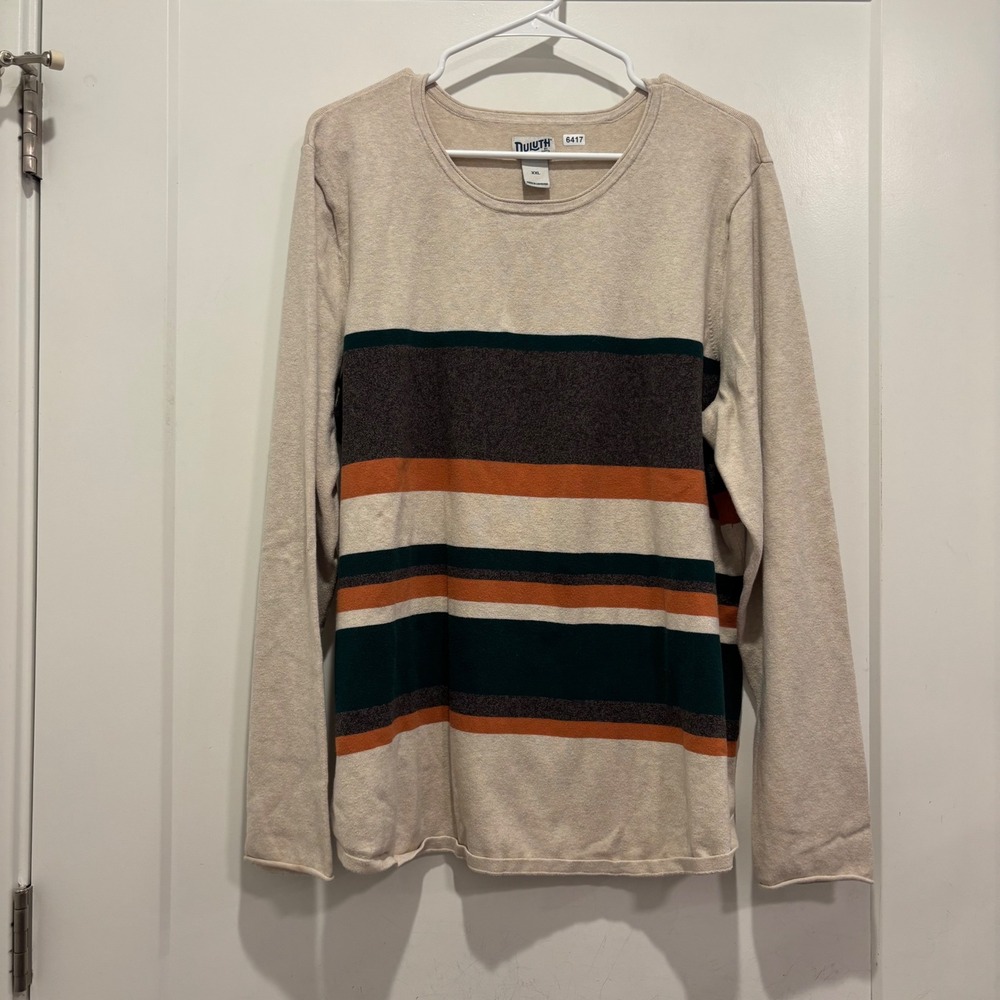 Duluth Trading Co Mens XXL Striped Cotton Blend Crewneck Sweater Beige Oatmeal